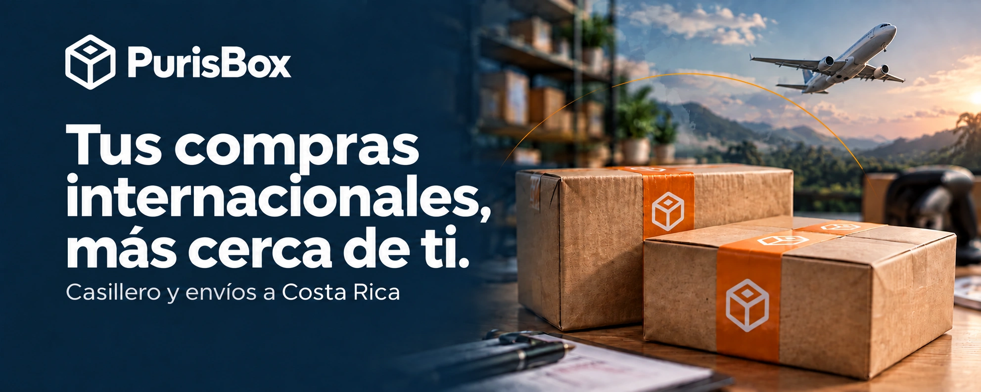 PurisBox. Tus compras internacionales, más cerca de ti. Casillero y envíos a Costa Rica. Paquetes con cinta naranja y un avión.