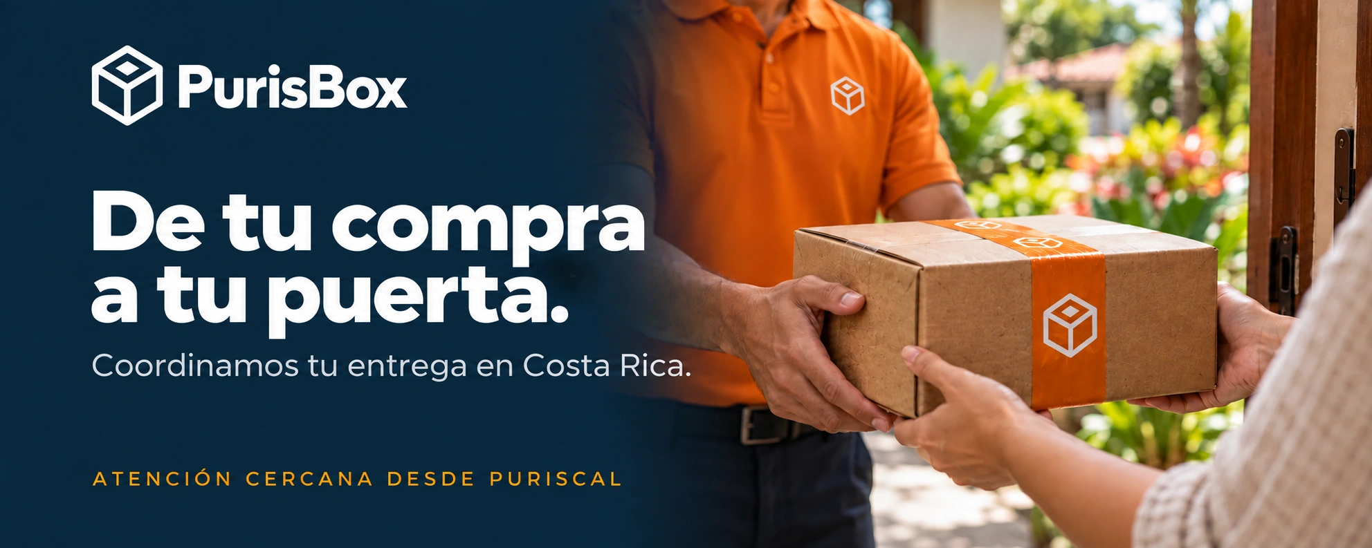 PurisBox. De tu compra a tu puerta. Coordinamos tu entrega en Costa Rica. Un repartidor entrega un paquete en una casa.