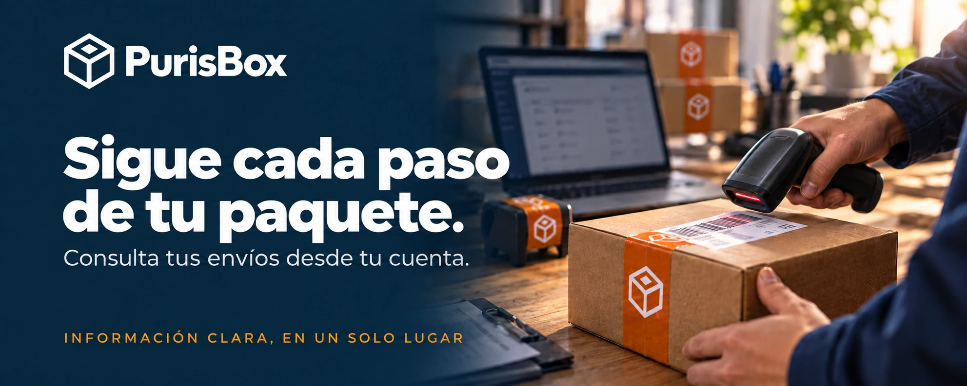 PurisBox. Sigue cada paso de tu paquete. Consulta tus envíos desde tu cuenta. Un paquete se escanea en una mesa de despacho.